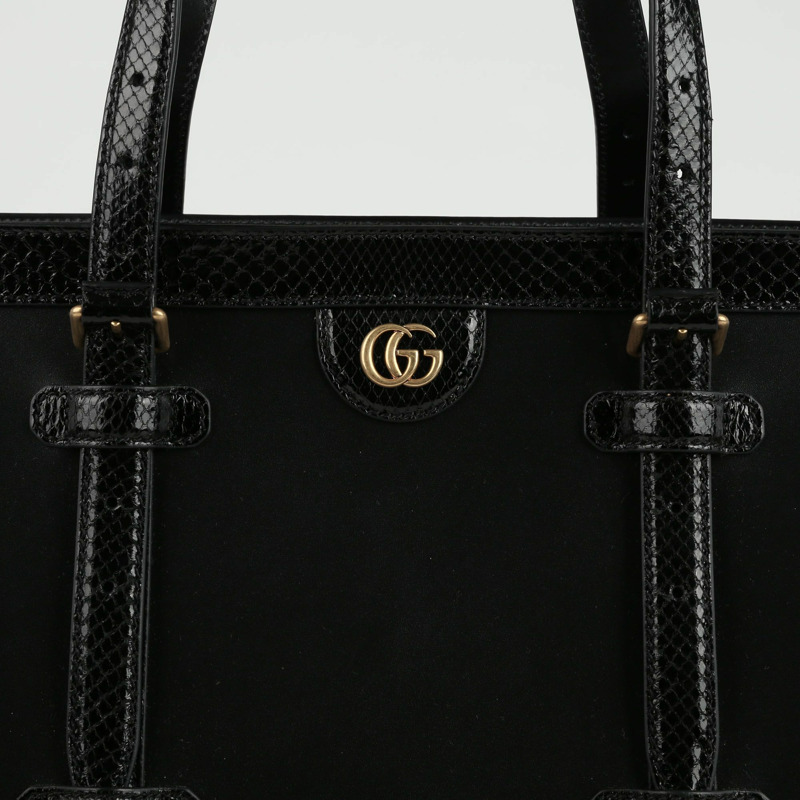 GUCCI 黑色皮革蟒蛇皮飾邊托特包-1