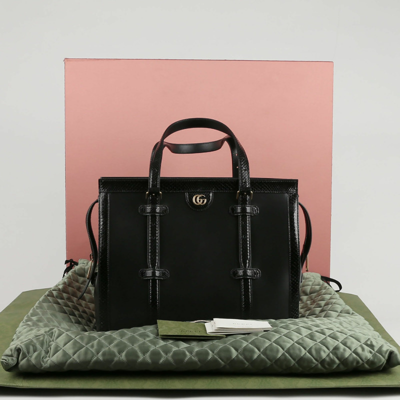 【包稅】GUCCI 黑色皮革蟒蛇皮飾邊手提包-0