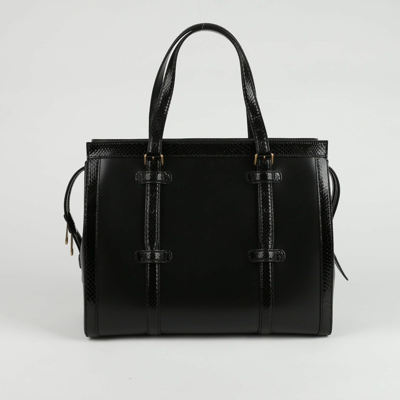 【包稅】GUCCI 黑色皮革蟒蛇皮飾邊手提包-3