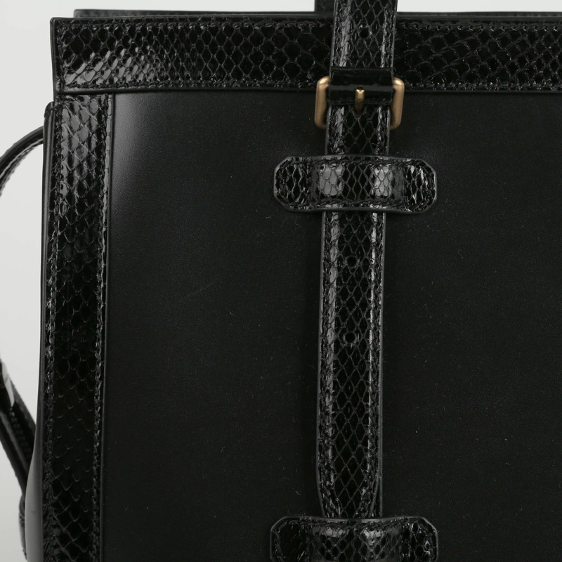 【包稅】GUCCI 黑色皮革蟒蛇皮飾邊手提包-4