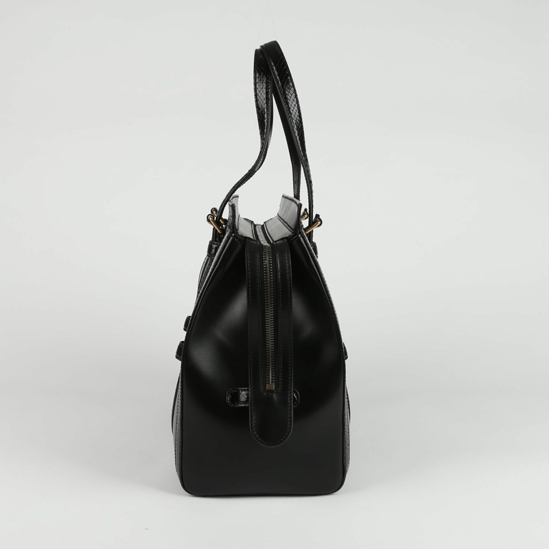 【包稅】GUCCI 黑色皮革蟒蛇皮飾邊手提包-5