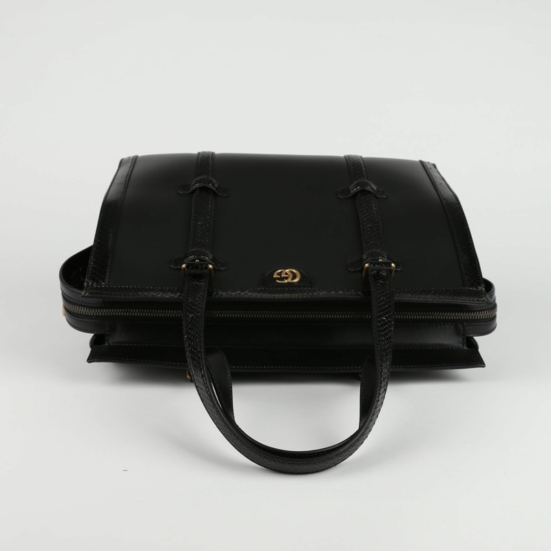 【包稅】GUCCI 黑色皮革蟒蛇皮飾邊手提包-6