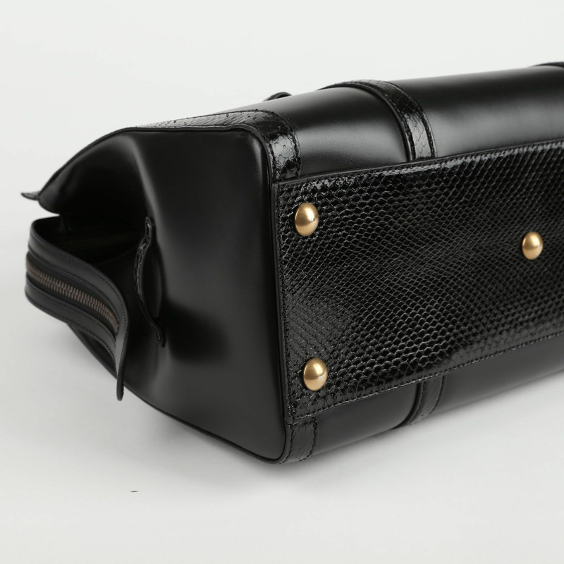 【包稅】GUCCI 黑色皮革蟒蛇皮飾邊手提包-11