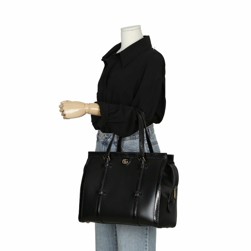 【包稅】GUCCI 黑色皮革蟒蛇皮飾邊手提包-13