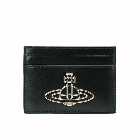 Vivienne Westwood 小牛皮銀土星logo四卡卡夾(黑)