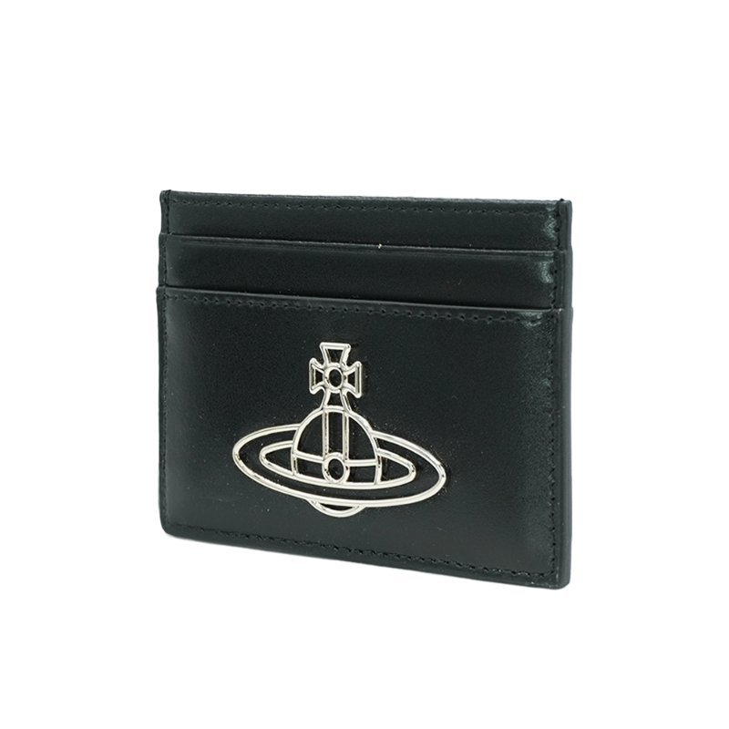 Vivienne Westwood 小牛皮銀土星logo四卡卡夾(黑)-1