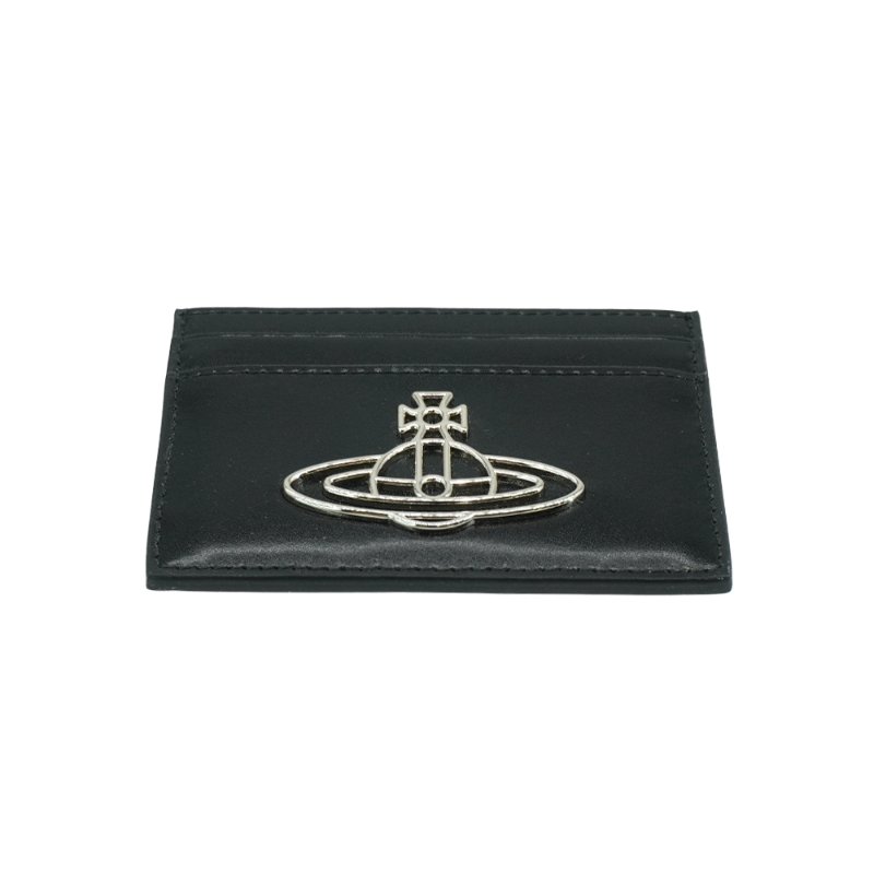 Vivienne Westwood 小牛皮銀土星logo四卡卡夾(黑)-3