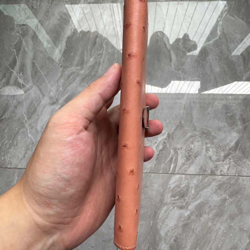 愛馬仕女士長款 H 扣錢包 鴕鳥皮 干枯玫瑰色 X 刻-5