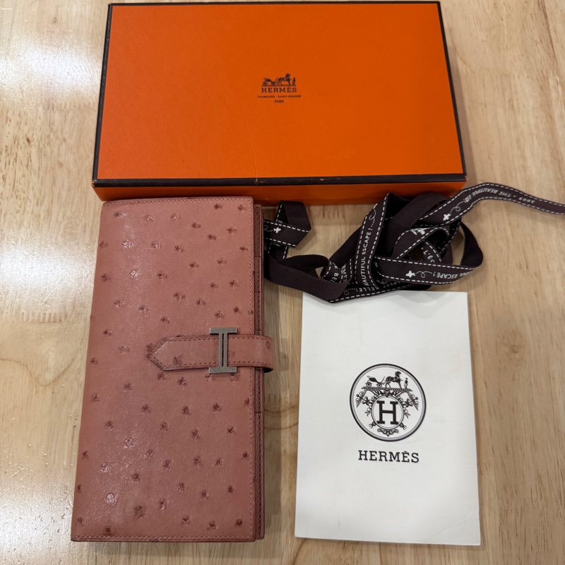 愛馬仕女士長款 H 扣錢包 鴕鳥皮 干枯玫瑰色 X 刻-20
