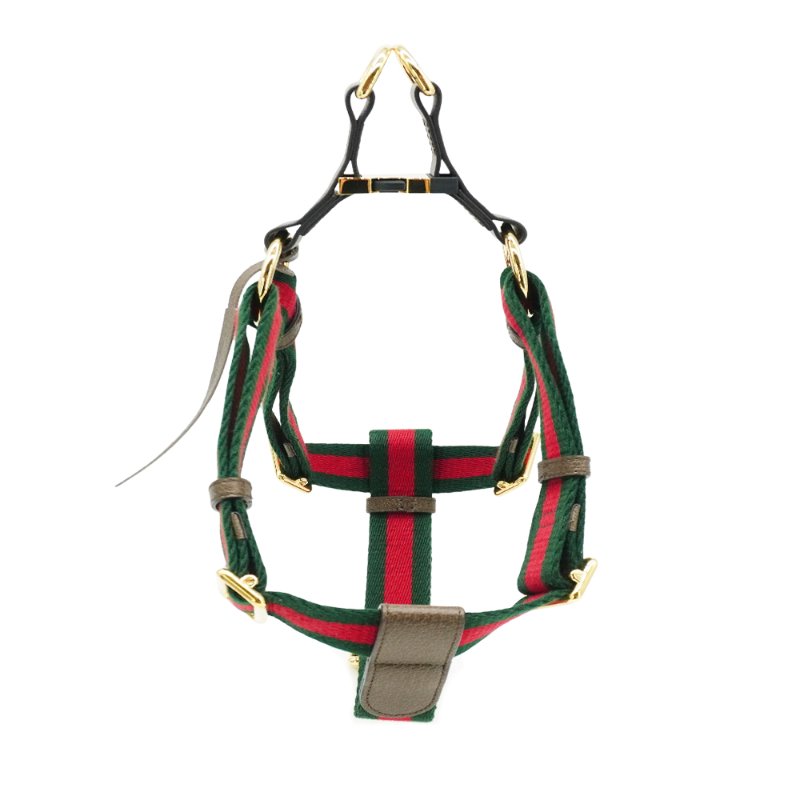 Gucci 展示品 紅綠織帶寵物胸背頸圈-L(695252-烏木)-1