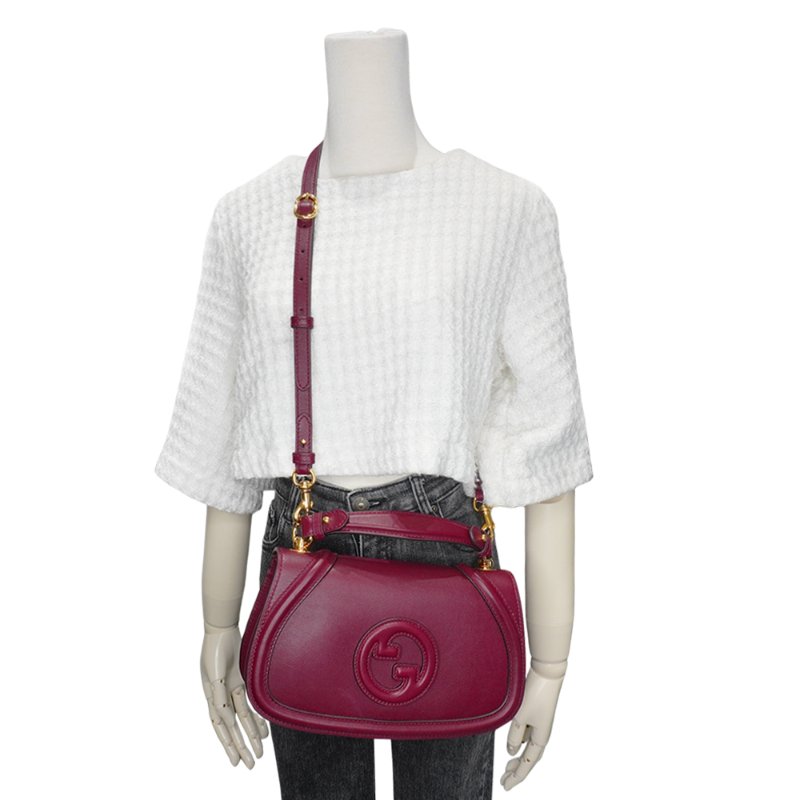 Gucci 展示品 Blondie 光滑皮革手提斜背包(815714-酒紅)-5