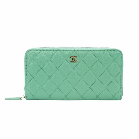 Chanel 展示品 淡金雙C菱格紋粒紋牛皮拉鍊長夾(AP0242-湖水綠)
