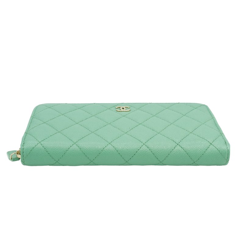 Chanel 展示品 淡金雙C菱格紋粒紋牛皮拉鍊長夾(AP0242-湖水綠)-3