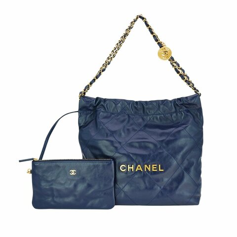 Chanel 展示品 22 牛皮金logo小號肩背包(AS3260-深藍)