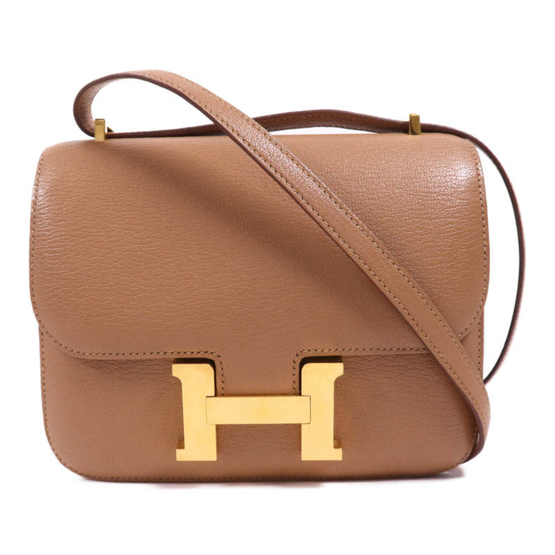 HERMES Chevre皮革Constance Mini金扣肩背袋Almond-0