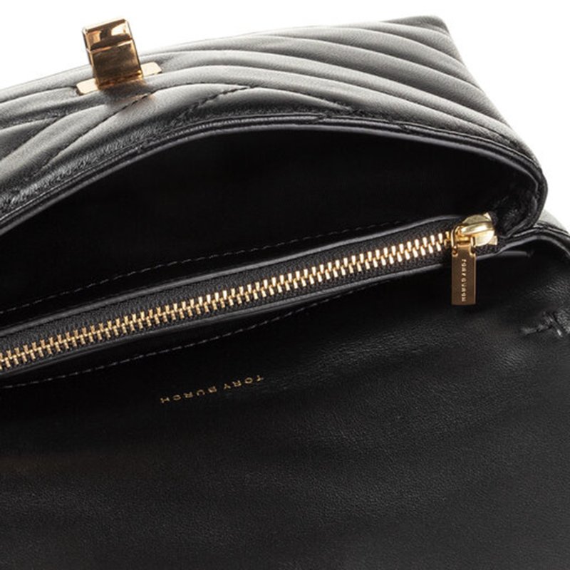 【TORY BURCH】縫線斜紋皮革斜背鍊包-黑色-4