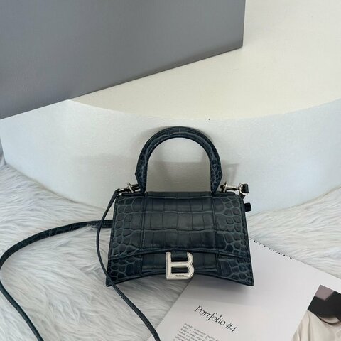 Balenciaga 閃亮小牛皮鱷魚壓紋沙漏包 - XS暗藍銀