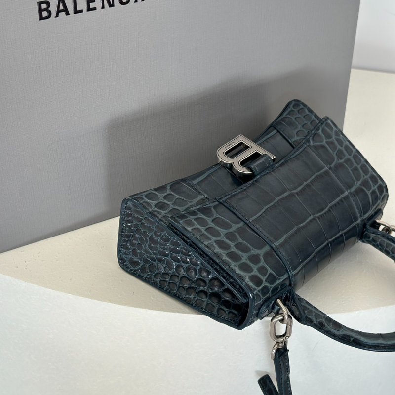 Balenciaga 閃亮小牛皮鱷魚壓紋沙漏包 - XS暗藍銀-2
