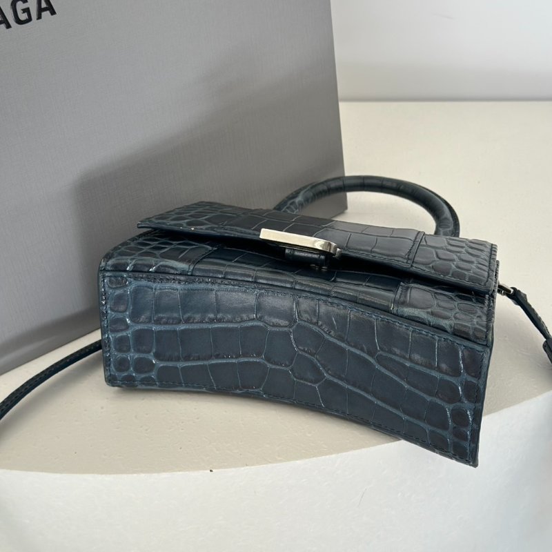 Balenciaga 閃亮小牛皮鱷魚壓紋沙漏包 - XS暗藍銀-3