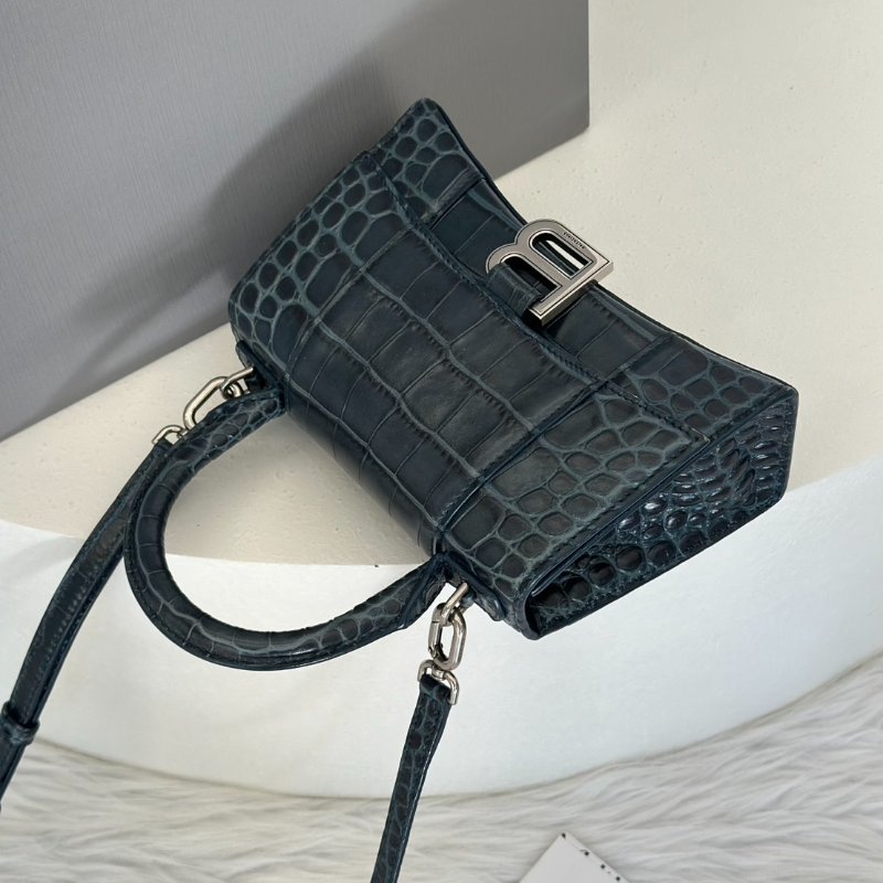 Balenciaga 閃亮小牛皮鱷魚壓紋沙漏包 - XS暗藍銀-4