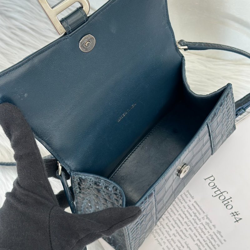 Balenciaga 閃亮小牛皮鱷魚壓紋沙漏包 - XS暗藍銀-5