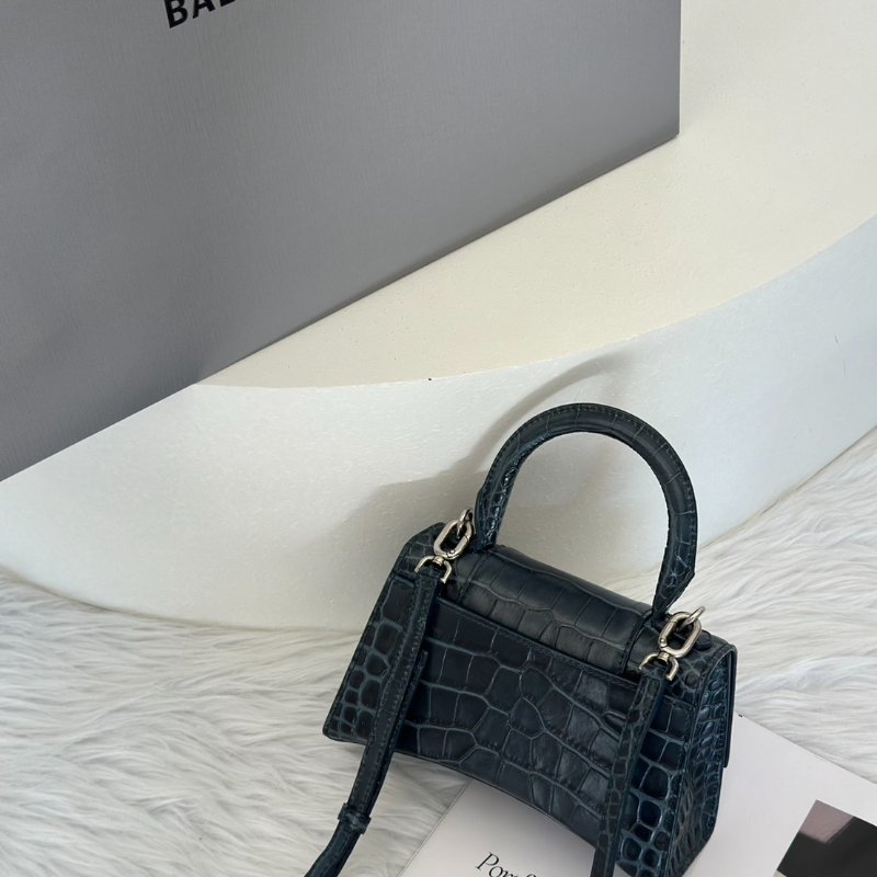 Balenciaga 閃亮小牛皮鱷魚壓紋沙漏包 - XS暗藍銀-6