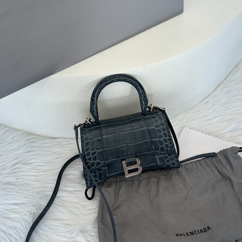 Balenciaga 閃亮小牛皮鱷魚壓紋沙漏包 - XS暗藍銀-7