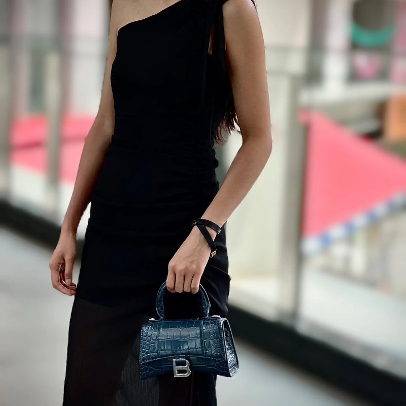 Balenciaga 閃亮小牛皮鱷魚壓紋沙漏包 - XS暗藍銀-8