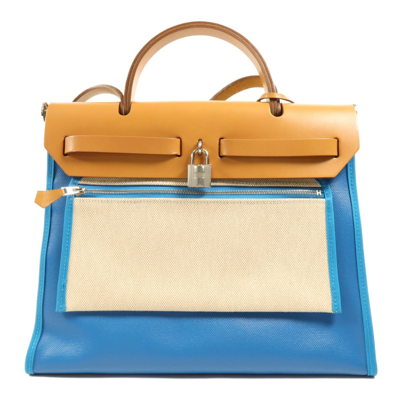 HERMES 塗層帆布Herbag PM銀扣手挽肩背兩用袋Bleu Izmir-1