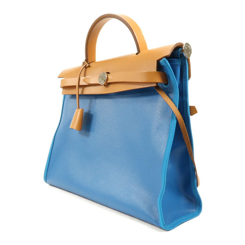 HERMES 塗層帆布Herbag PM銀扣手挽肩背兩用袋Bleu Izmir-2