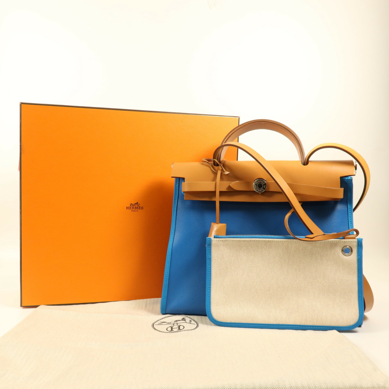 HERMES 塗層帆布Herbag PM銀扣手挽肩背兩用袋Bleu Izmir-16