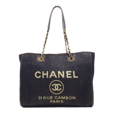 CHANEL 牛仔布Deauville Tote金扣鏈帶肩背袋