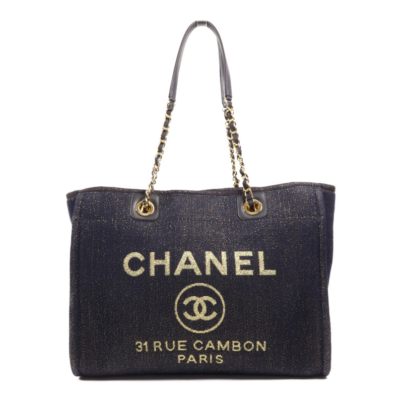 CHANEL 牛仔布Deauville Tote金扣鏈帶肩背袋-0