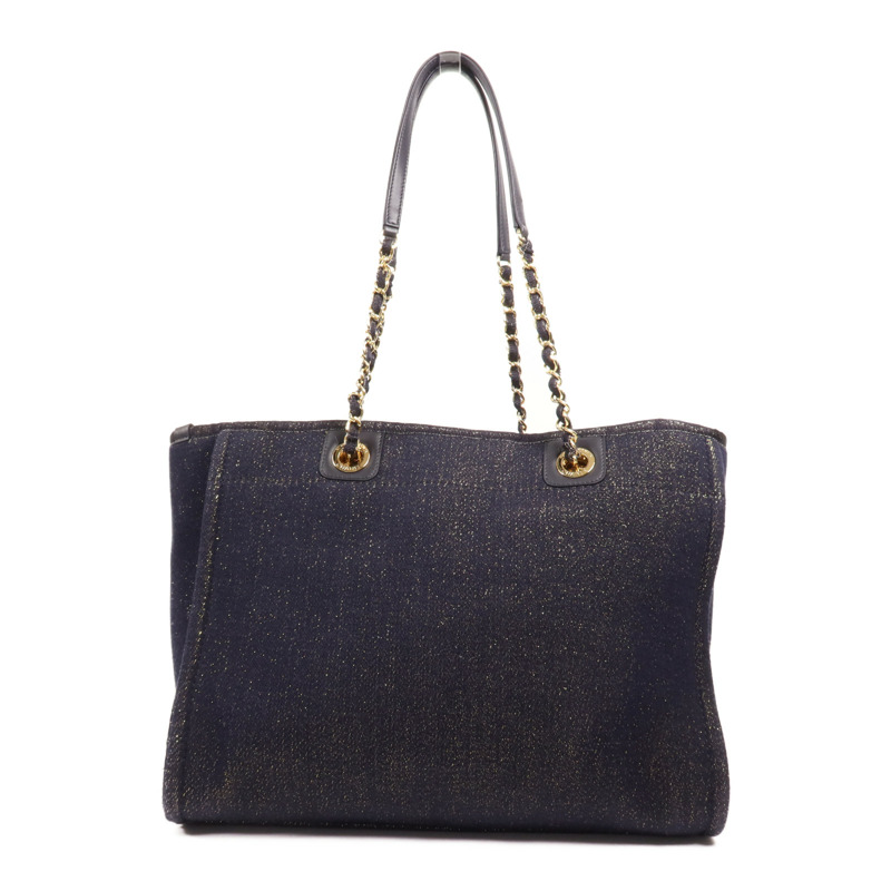 CHANEL 牛仔布Deauville Tote金扣鏈帶肩背袋-1