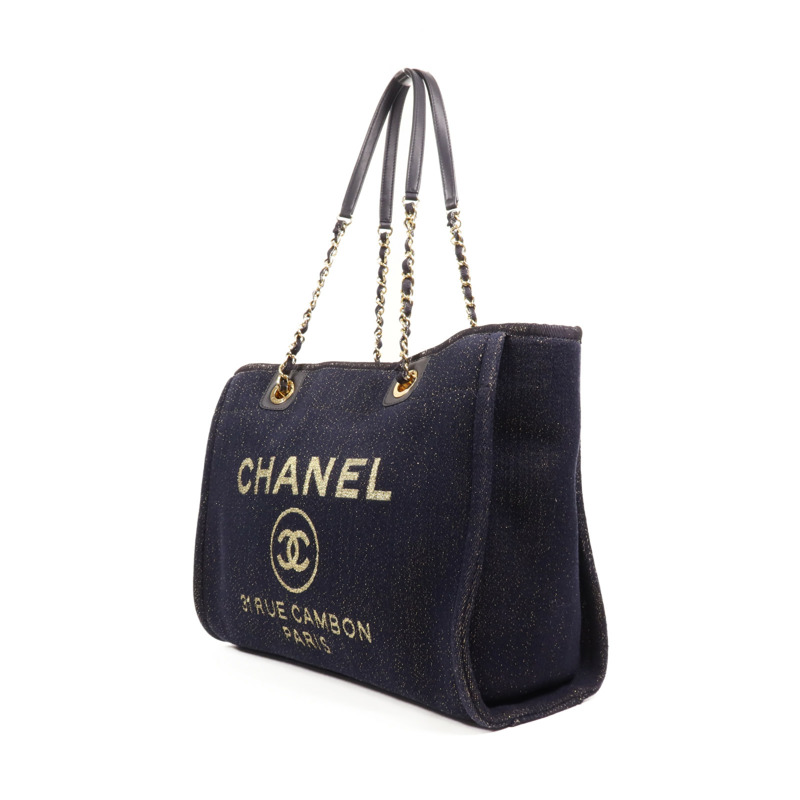 CHANEL 牛仔布Deauville Tote金扣鏈帶肩背袋-2
