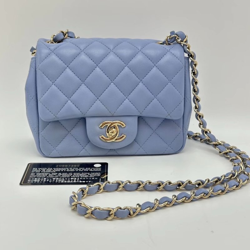 CHANEL baby藍金扣方胖子肩背斜背鏈條包16*12*7.5 98新配件塵袋保卡-0