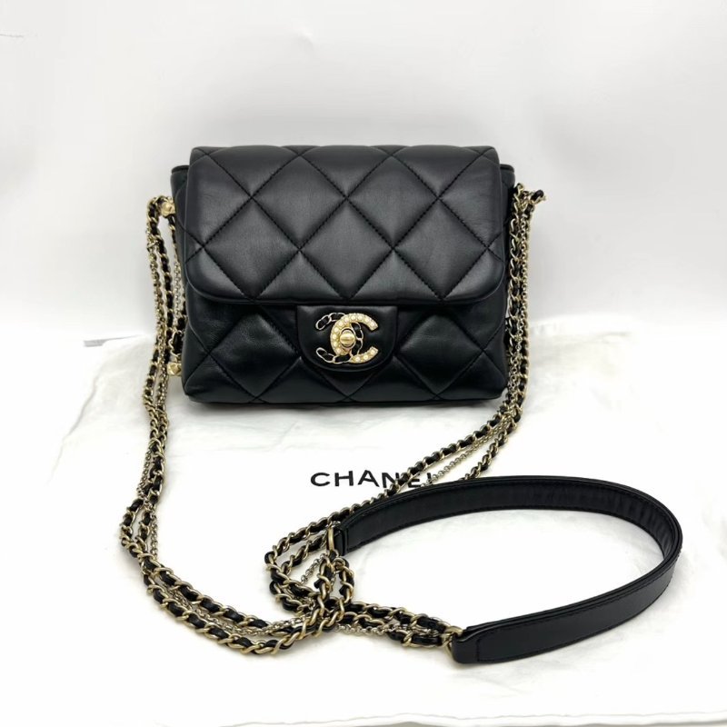 CHANEL 黑金珍珠鴛鴦雙C扣肩背斜背皮穿鏈條包19*16*4 98新配件塵袋-1