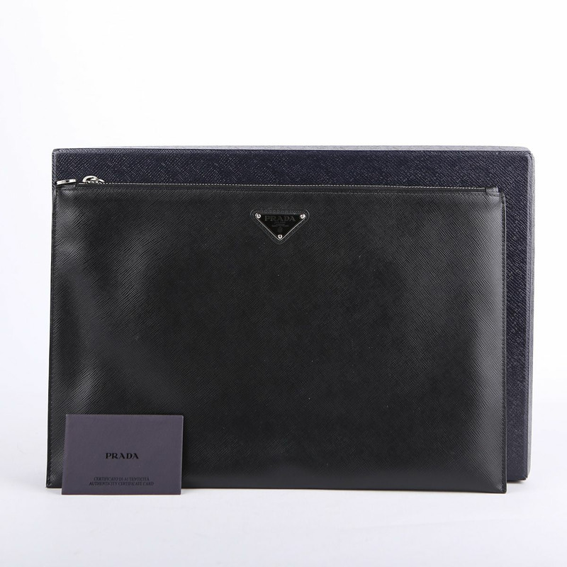 【包稅】PRADA 黑色 Saffiano 皮革手拿包-0