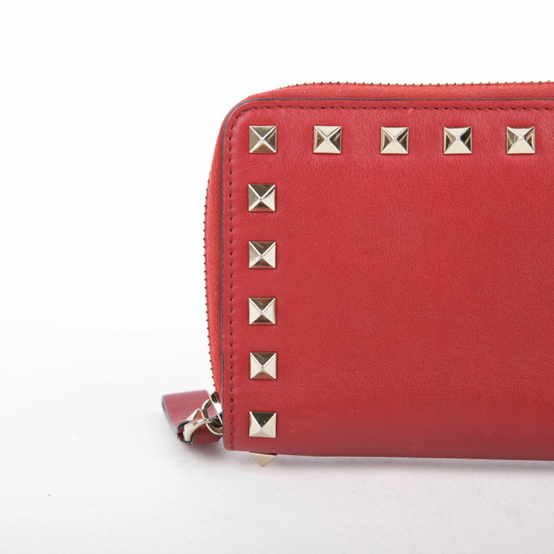 VALENTINO 紅色皮革 Rockstud Zippy 錢包 79BOL-3