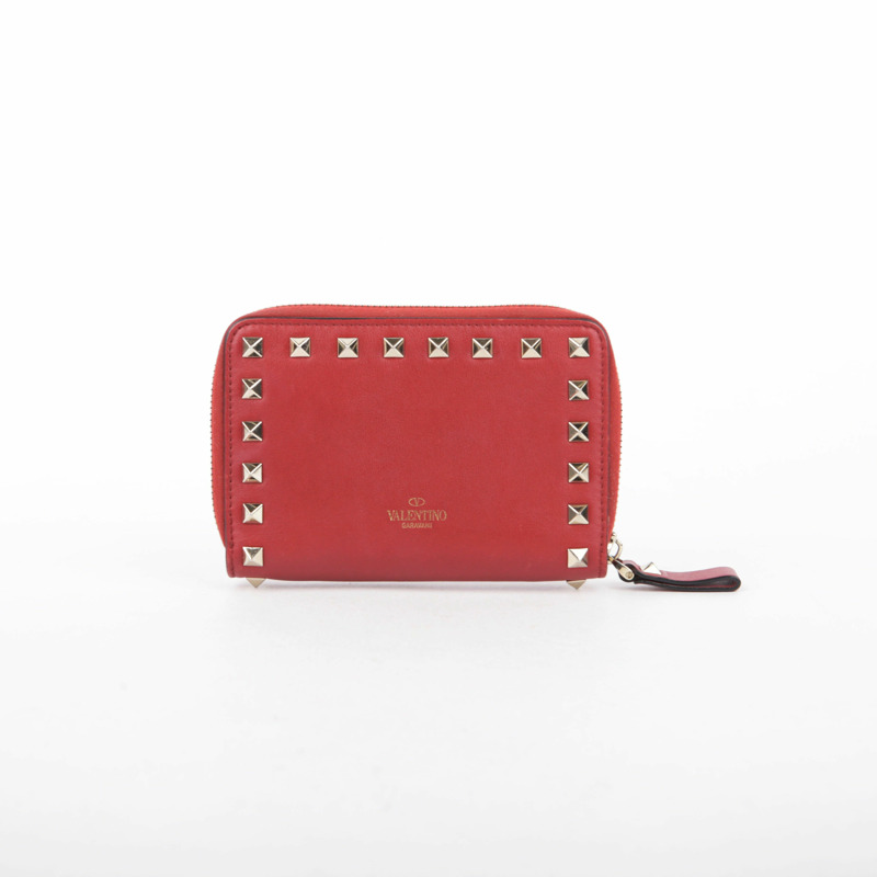 VALENTINO 紅色皮革 Rockstud Zippy 錢包 79BOL-4