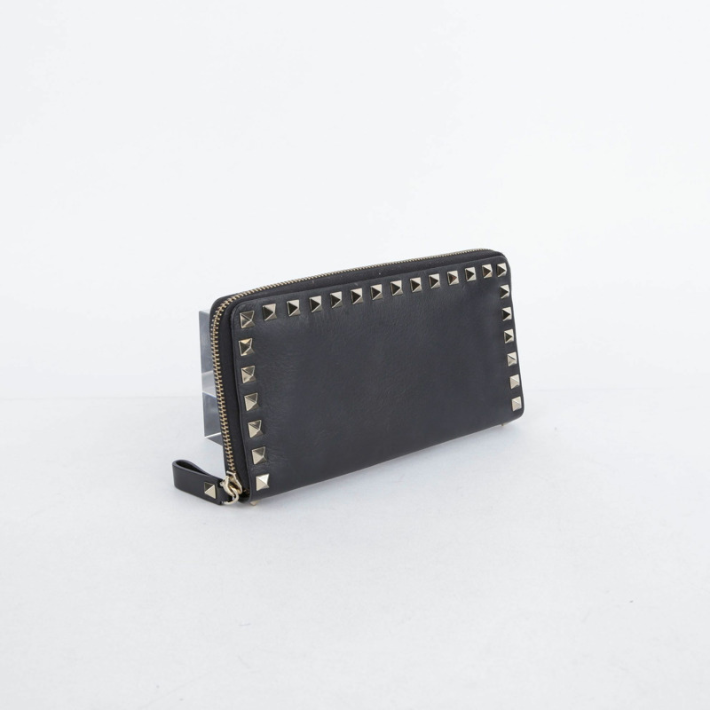 VALENTINO Rockstud 拉鍊長版皮夾 黑色皮革-0