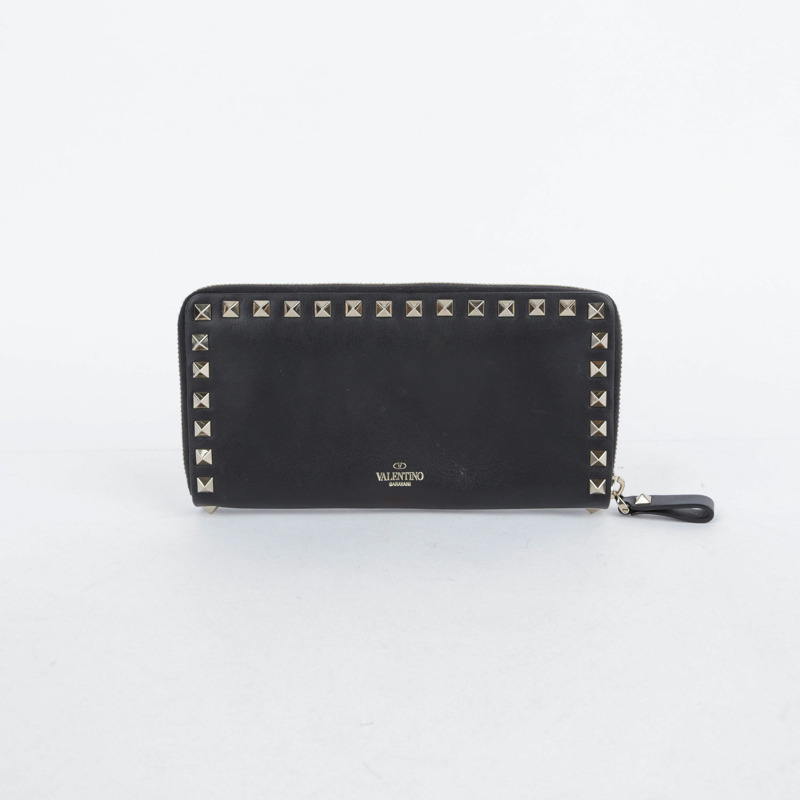 VALENTINO Rockstud 拉鍊長版皮夾 黑色皮革-1