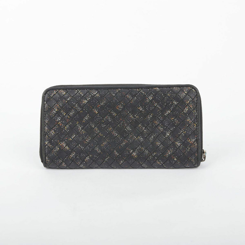 BOTTEGA VENETA 黑色皮革 Intrecciato 繪畫拉鍊錢包-0