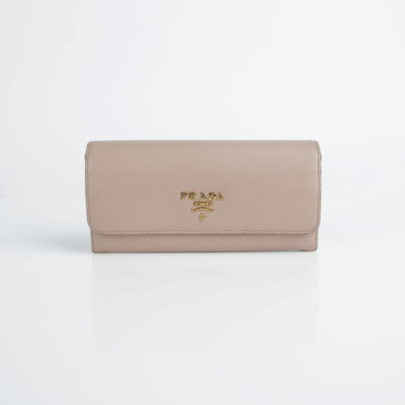 PRADA 米紅色多色十字紋皮革長皮夾-1