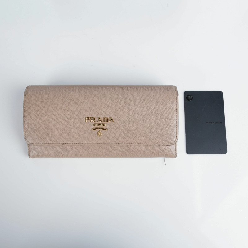 PRADA 米紅色多色十字紋皮革長皮夾-15