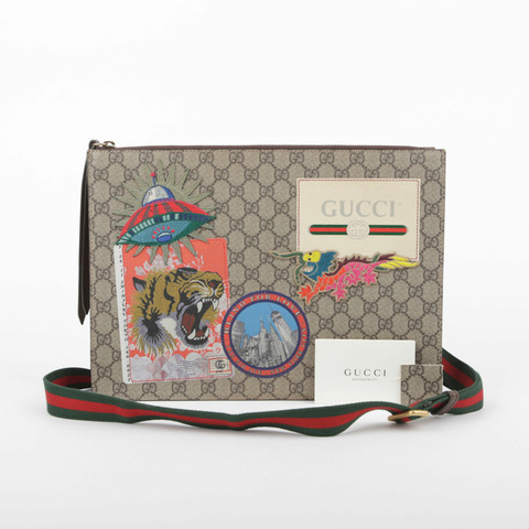 GUCCI GG Supreme 帆布郵差貼片斜背包