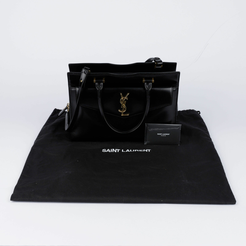 SAINT LAURENT 中型黑色皮革 Uptown 手提包和單肩包-0