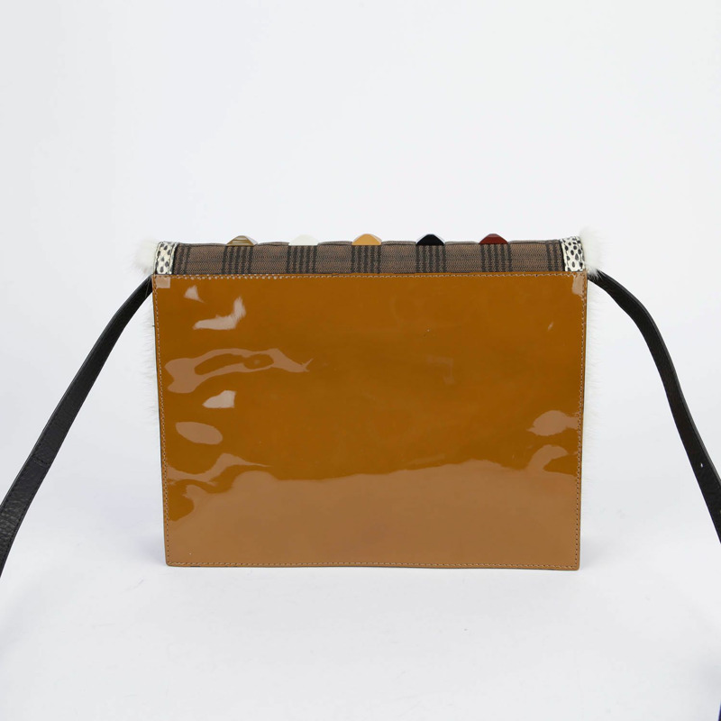 FENDI 棕色漆皮布料毛皮裝飾單肩包和斜背包-2