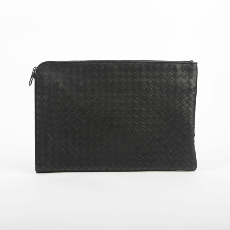 BOTTEGA VENETA 黑色皮革 Intrecciato 文件手拿包-0