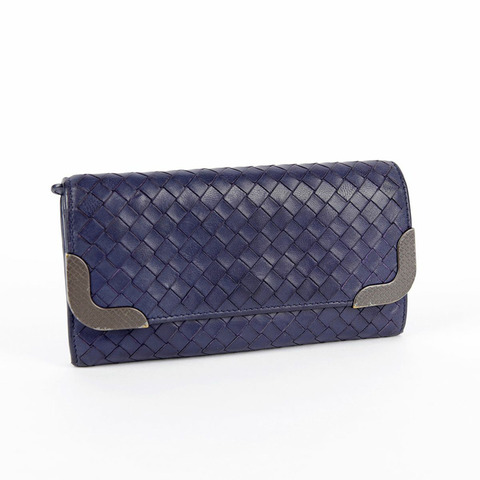 BOTTEGA VENETA 海軍藍編織皮革長皮夾